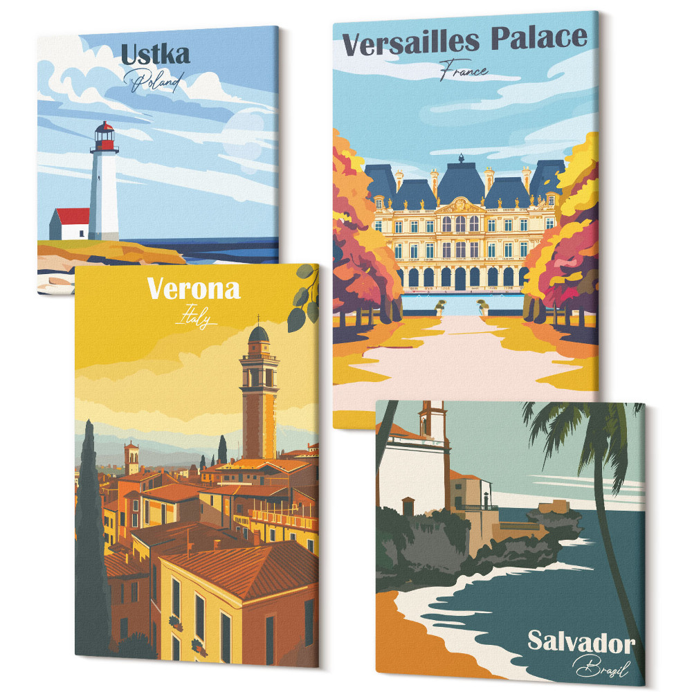 Sada 4 obrazov Pohľady na známe miesta pri mori a v mestách