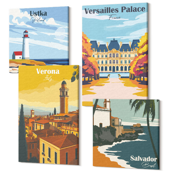 Sada 4 obrazov Pohľady na známe miesta pri mori a v mestách