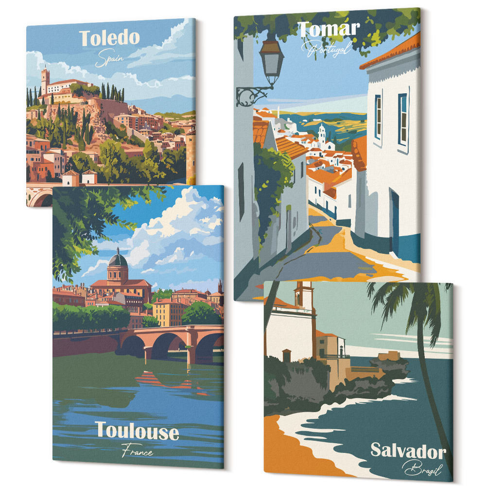 Sada obrazov na stenu kvadryptych Grafika známych miest v retro štýle