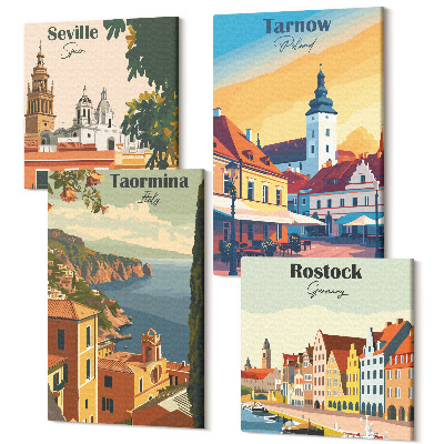 Sada 4 obrazov Pohľady na pobrežné mestá a ich architektúru