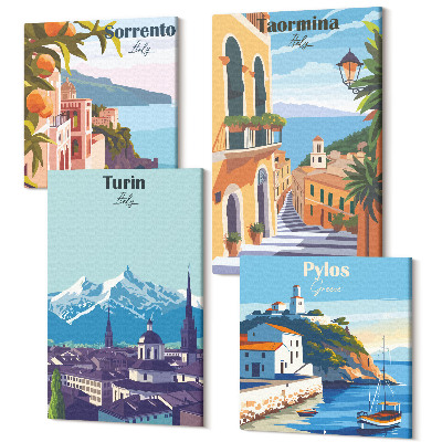 Sada obrazov na stenu kvadryptych Farebné ilustračné panorámy mesta v retro štýle