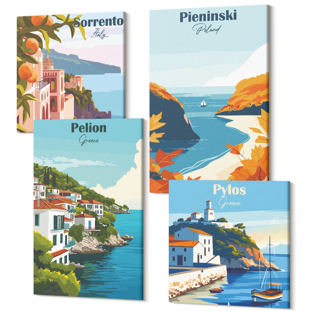 Sada 4 obrazov Malebné krajinky v retro štýle