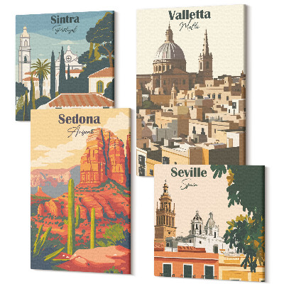 Sada obrazov na stenu kvadryptych Retro panorámy mesta Sedona Sintra Seville Valletta