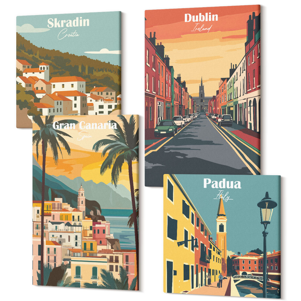 Sada 4 obrazov Krajiny miest a prírody v teplých farbách