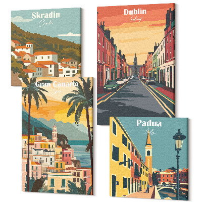 Sada 4 obrazov Krajiny miest a prírody v teplých farbách