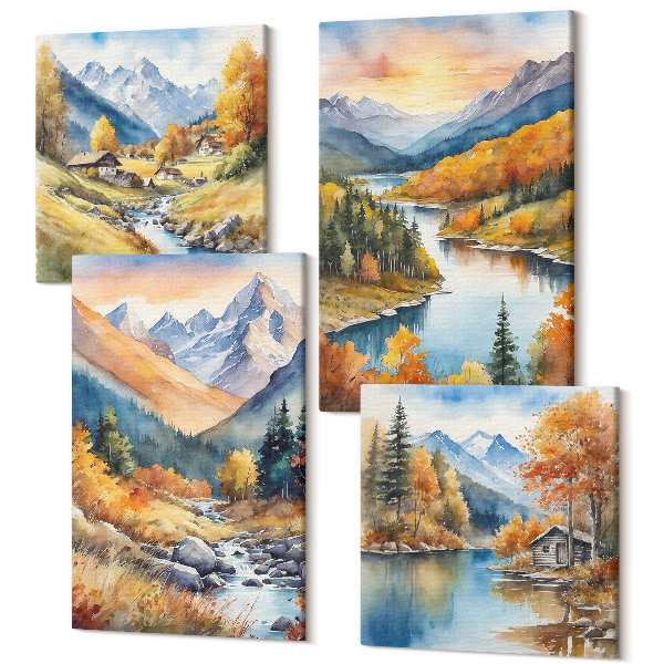 Sada obrazov na stenu kvadryptych Horská krajina s riekou a jesennými stromami