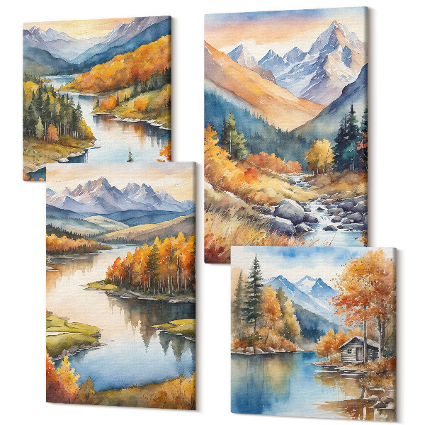 Sada 4 obrazov Výhľad na hory s riekou a jesennými stromami