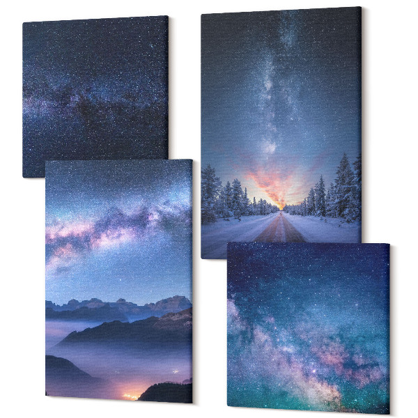 Sada 4 obrazov Nočná obloha hôr pretína priestor a zimnú krajinu