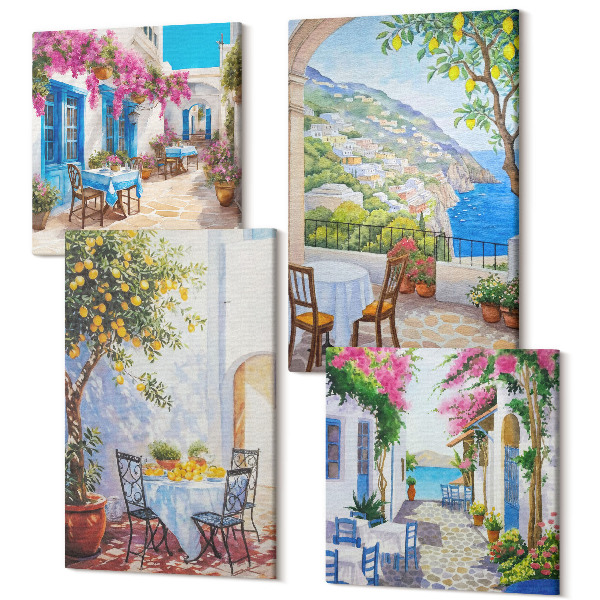 Sada obrazov na stenu kvadryptych Očarujúce uličky s kvitnúcimi rastlinami a výhľadom na more