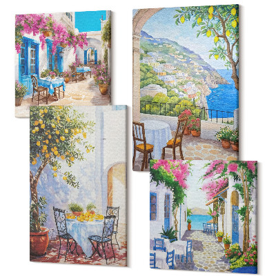 Sada obrazov na stenu kvadryptych Očarujúce uličky s kvitnúcimi rastlinami a výhľadom na more