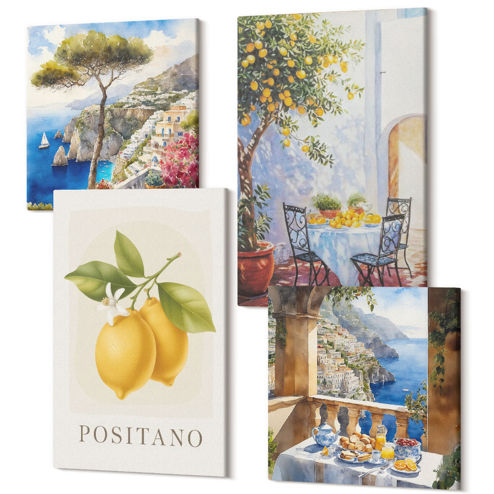 Sada 4 obrazov Pohľad na Positano s talianskou architektúrou citrónov