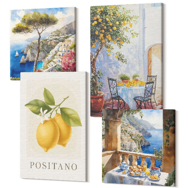 Sada 4 obrazov Pohľad na Positano s talianskou architektúrou citrónov