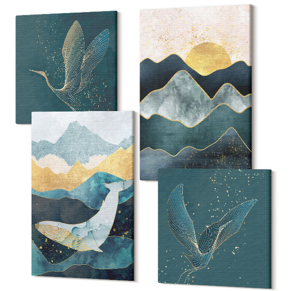 Sada 4 obrazov Abstraktné horské krajiny s lietajúcimi žeriavmi