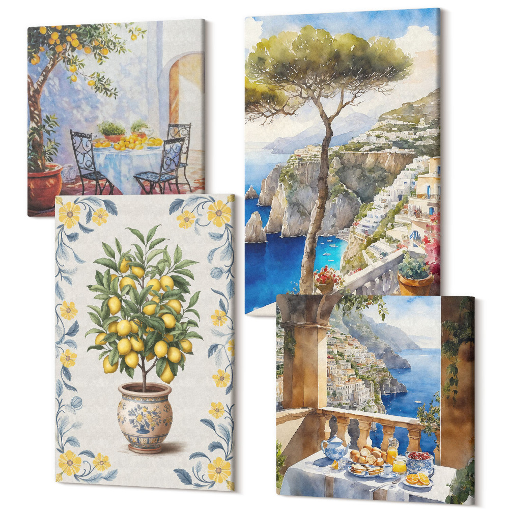 Sada 4 obrazov Výhľad na more s citrónovníkmi talianskymi maľbami