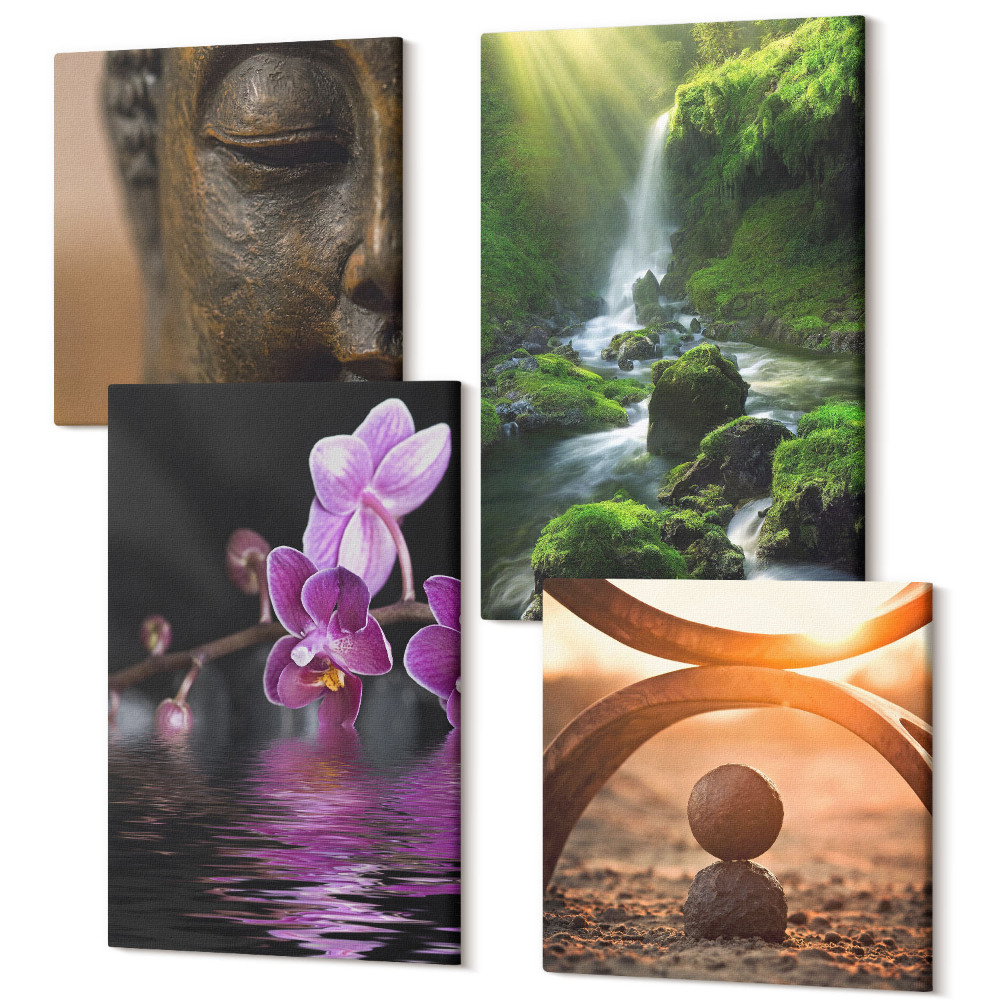 Sada obrazov na stenu kvadryptych Kvety vo vodopáde so zelenými kameňmi Budha