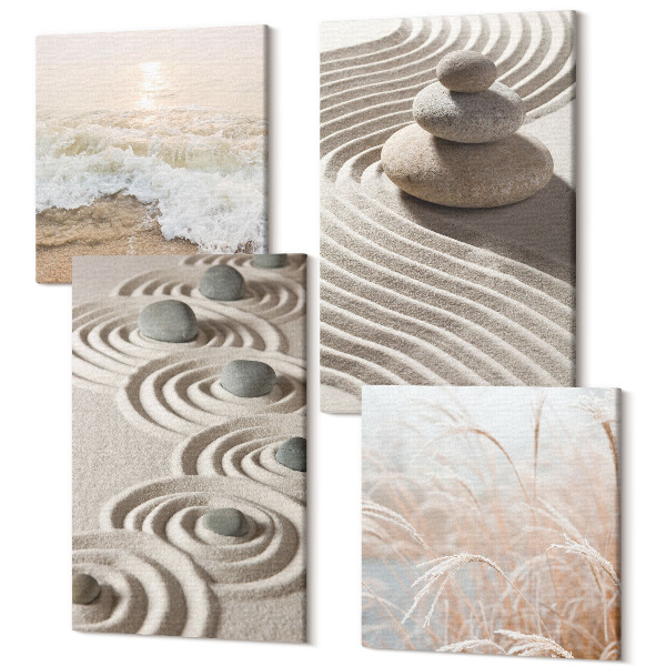 Sada 4 obrazov Pokojné vlny piesku a vody s kameňmi na pláži