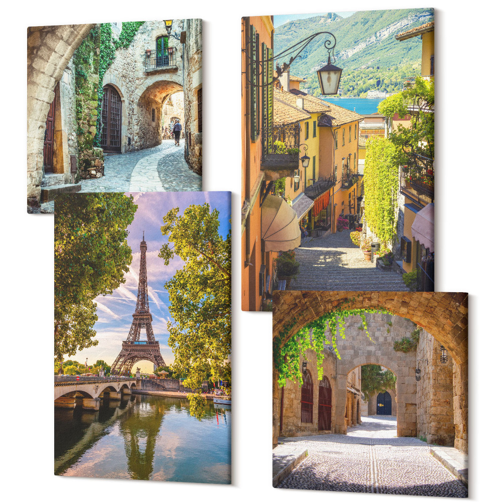 Sada 4 obrazov Krásne uličky, historická architektúra, Eiffelova veža