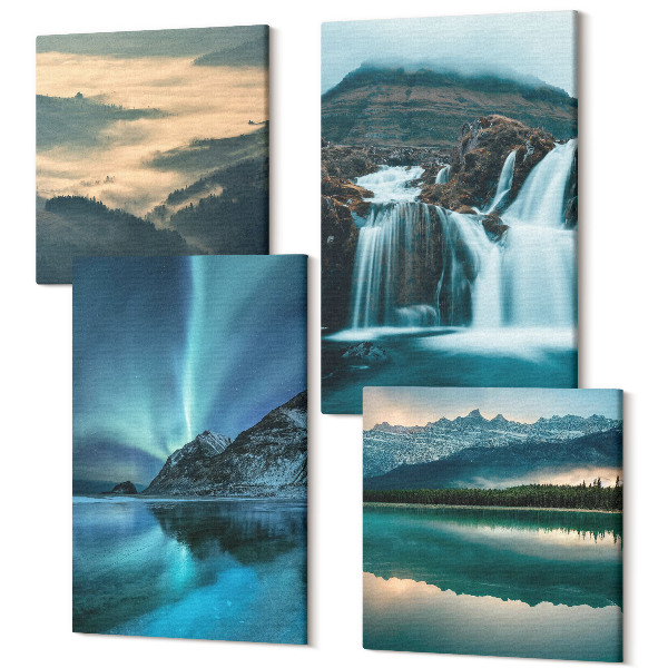 Sada obrazov kvadryptych Zimná krajina s vodopádmi a polárnou žiarou