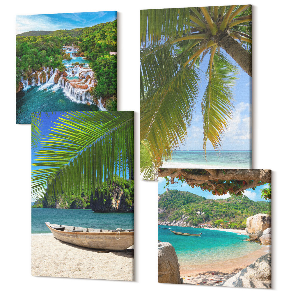 Sada obrazov na stenu kvadryptych Pláž s loďou, vodopádmi a palmami v trópoch
