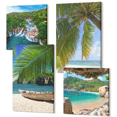 Sada obrazov na stenu kvadryptych Pláž s loďou, vodopádmi a palmami v trópoch