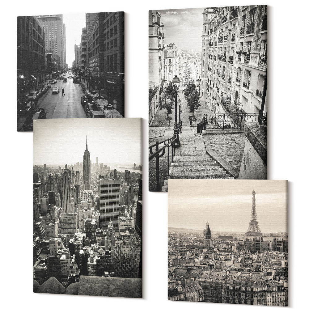 Sada 4 obrazov Výhľad na mesto Paríž New York a očarujúce schody