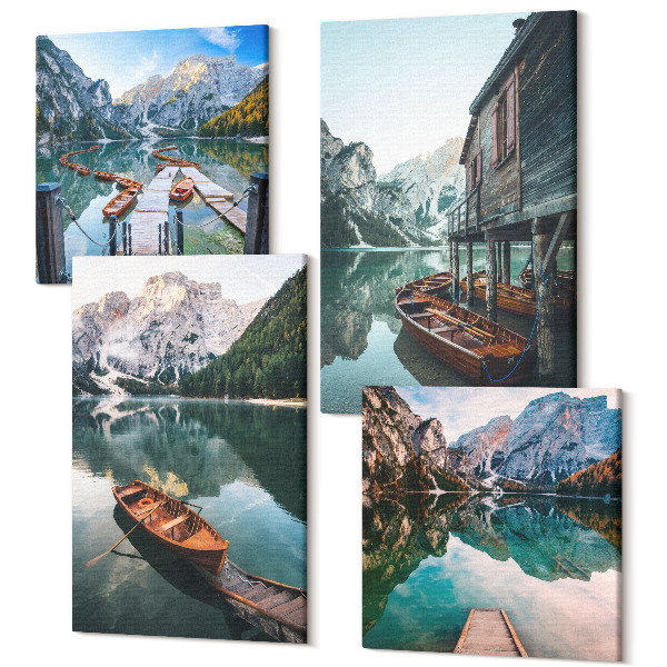 Sada 4 obrazov Jazero v horách s člnmi a drevenou chatkou