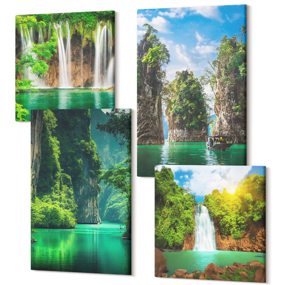 Sada obrazov na stenu kvadryptych Zelená krajina s vodopádmi a skalami