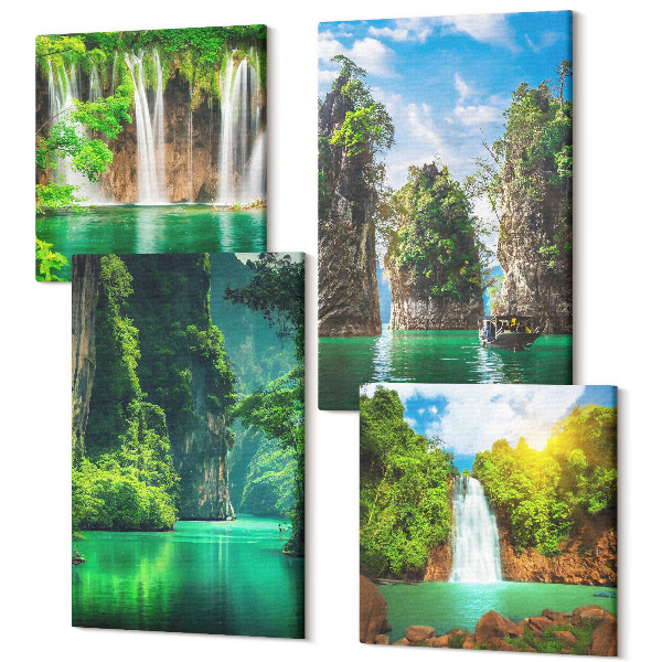 Sada obrazov na stenu kvadryptych Zelená krajina s vodopádmi a skalami