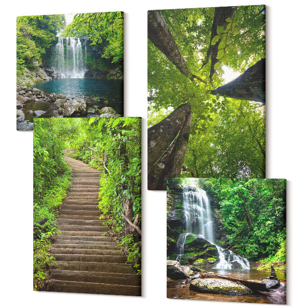 Sada 4 obrazov Lesná cesta s vodopádom a zeleňou