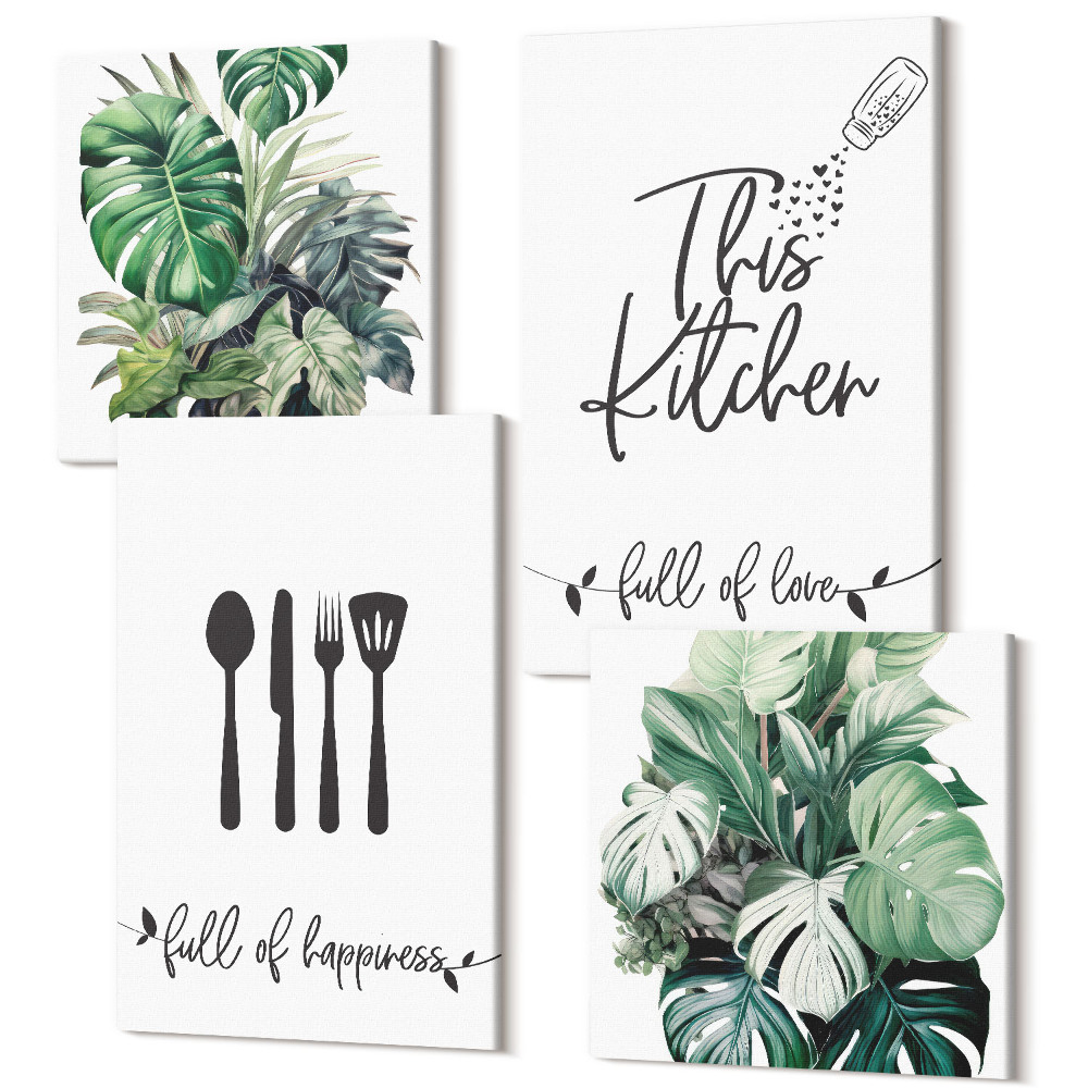 Sada 4 obrazov Vzory kuchynského náradia listy rastlín