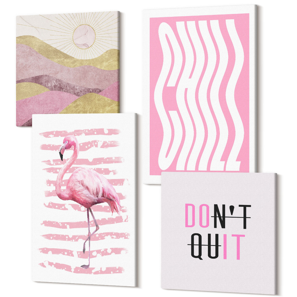 Sada obrazov na stenu kvadryptych Ružové plameniaky pastelový nápis horskej krajiny