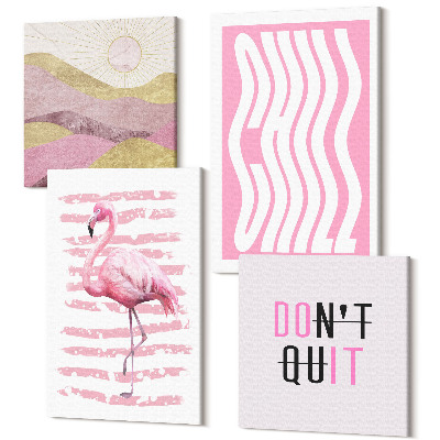 Sada obrazov na stenu kvadryptych Ružové plameniaky pastelový nápis horskej krajiny