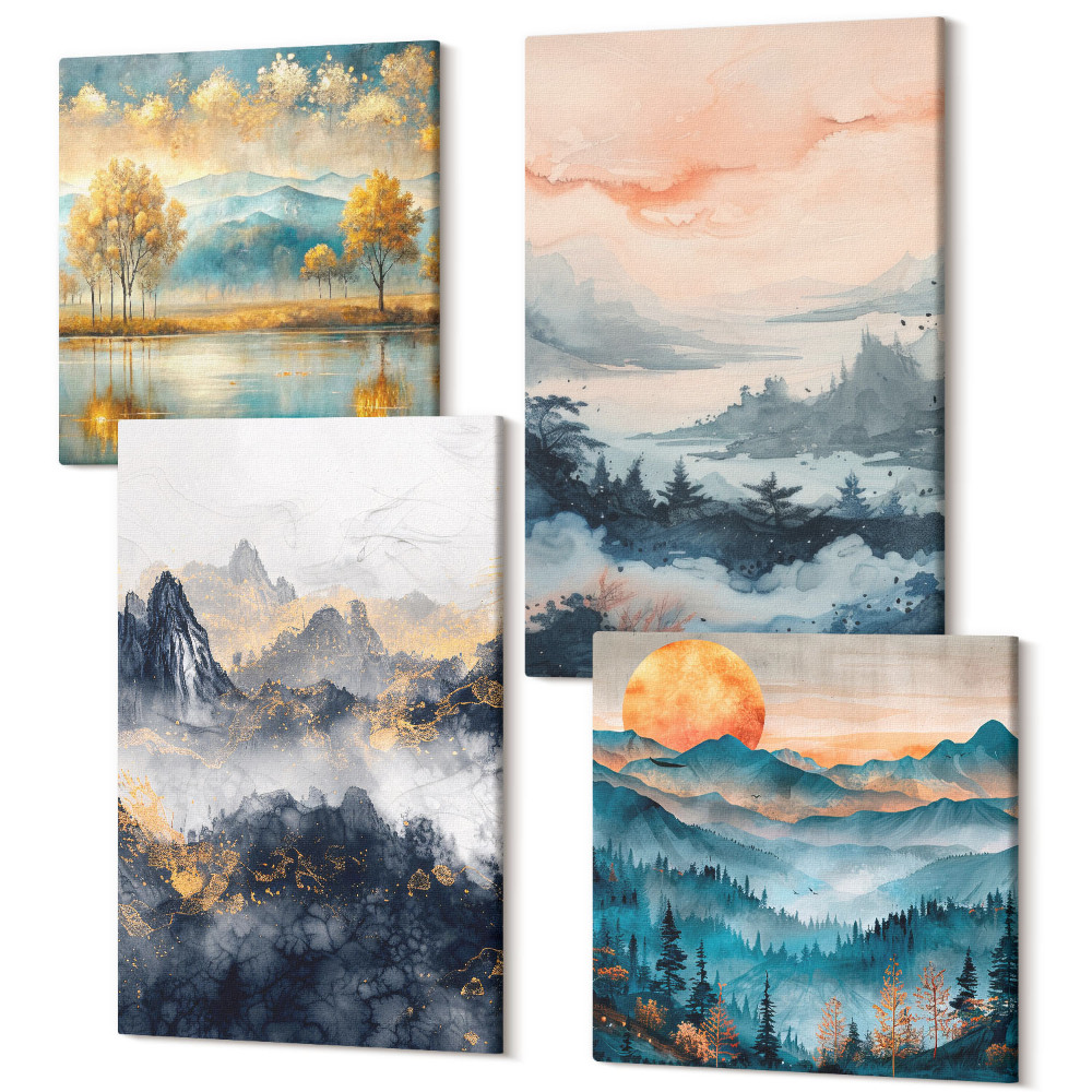 Sada 4 obrazov Maľované abstraktné pohľady na prírodu