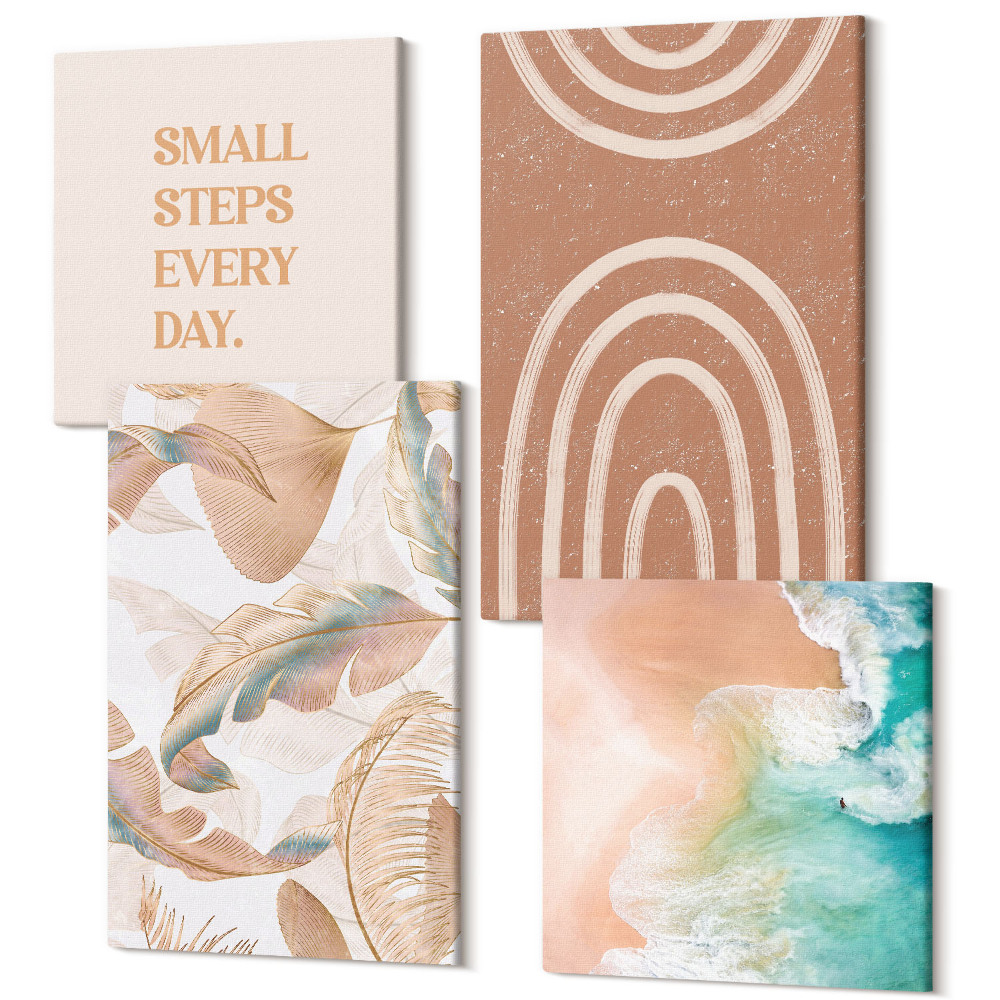 Sada obrazov kvadryptych Jemné boho motívy s abstraktnými listami a nápismi