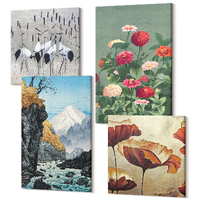 Sada obrazov kvadryptych Hory s vodopádom, letiacimi vtákmi a farebnými kvetmi