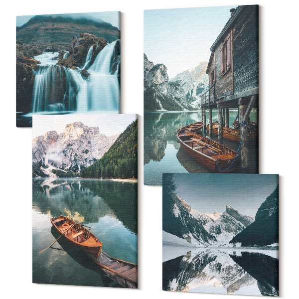 Sada obrazov kvadryptych Horské jazerá s člnmi a odrazmi vo vode