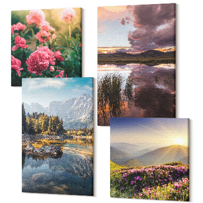 Sada obrazov na stenu kvadryptych Kvety v záhrade, horská lúka, les a vodná plocha