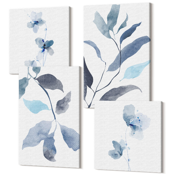 Sada obrazov kvadryptych Modré listy na svetlom pozadí, akvarelový štýl