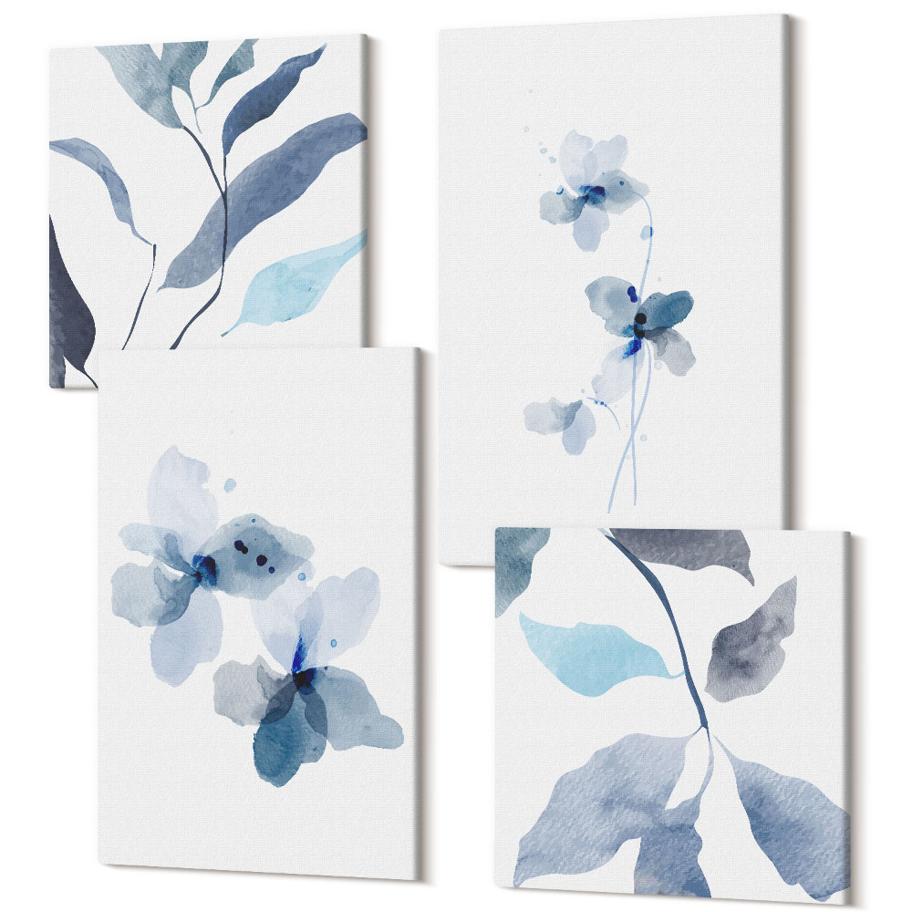 Sada obrazov na stenu kvadryptych Minimalistické akvarelové kvety v odtieňoch modrej