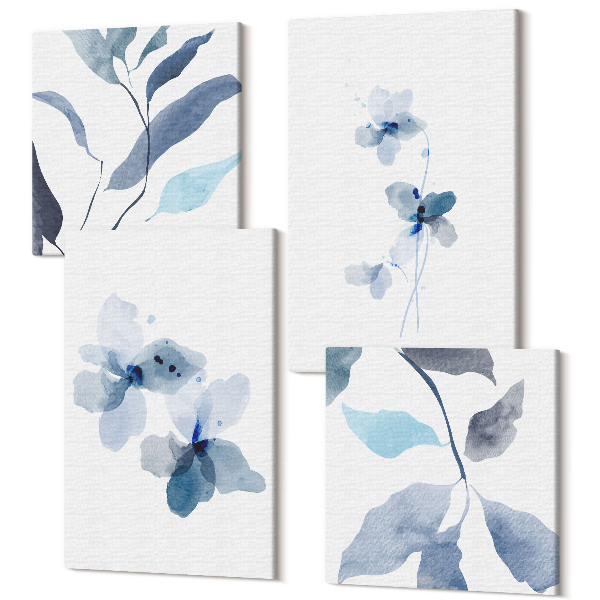 Sada obrazov na stenu kvadryptych Minimalistické akvarelové kvety v odtieňoch modrej