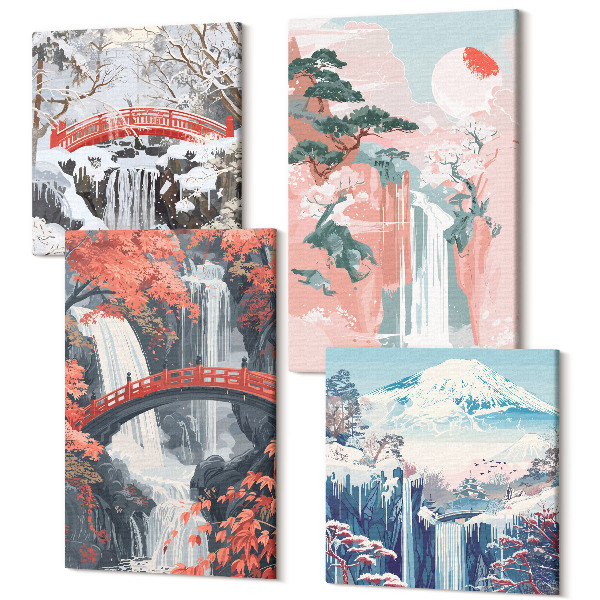 Sada obrazov kvadryptych Vodopády v rôznych ročných obdobiach s mostami a stromami