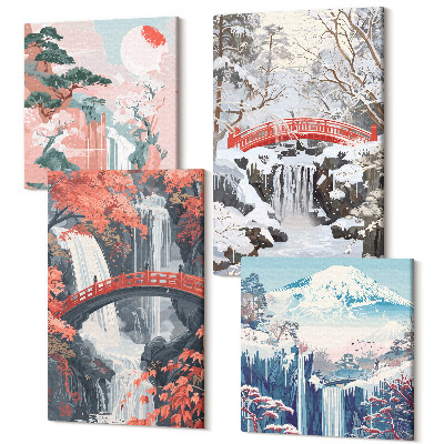 Sada obrazov na stenu kvadryptych Horská krajina a vodopády v rôznych ročných obdobiach
