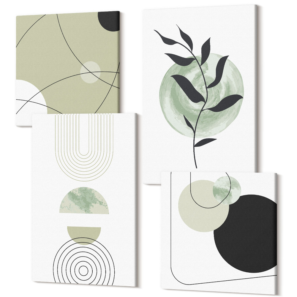 Sada 4 obrazov Abstraktné tvary a rastlinné motívy v zelenej farbe