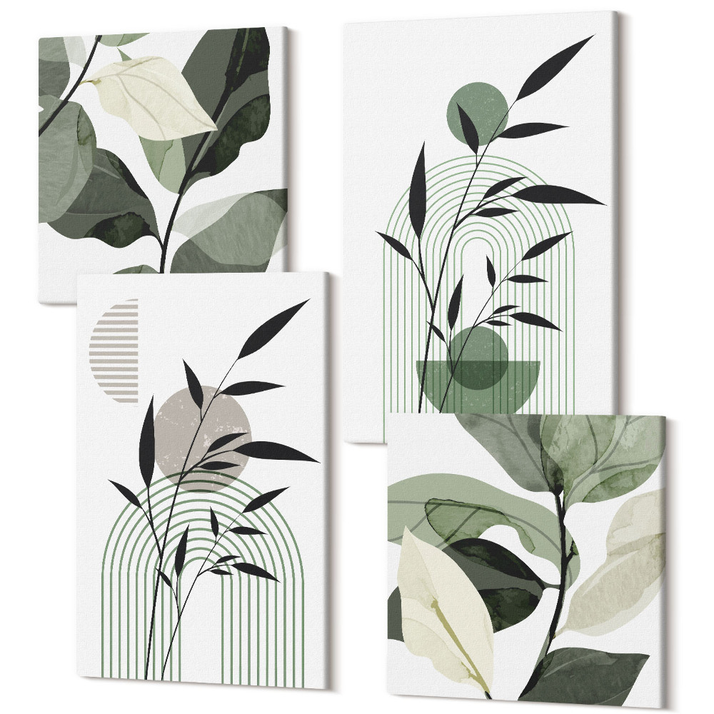 Sada obrazov kvadryptych Abstraktné rastlinné kompozície, boho štýl