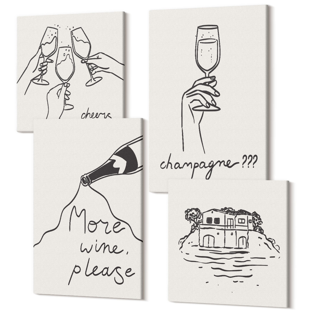 Sada obrazov na stenu kvadryptych Radostné chvíle s vínom a šampanským line-art