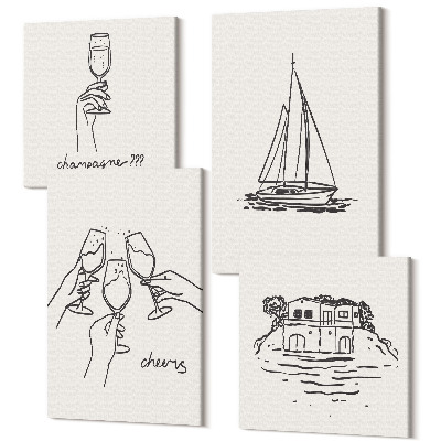 Sada 4 obrazov Pohľady na dom pri vode, toasty s pohármi, plachetnica