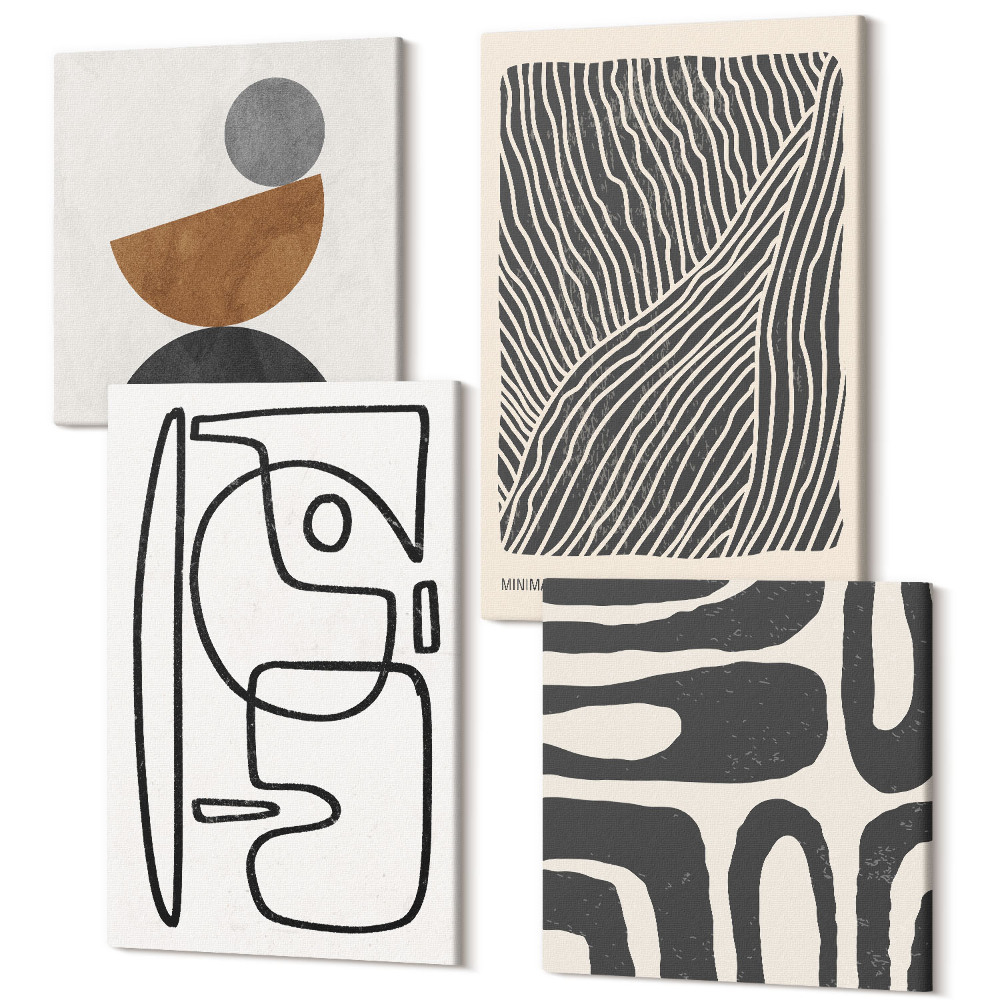 Sada obrazov kvadryptych Abstraktné vzory s čiarami a textúrami na svetlom pozadí