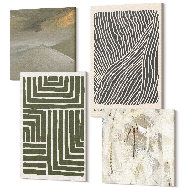 Sada obrazov na stenu kvadryptych Vzory línií a tvarov v odtieňoch zelenej