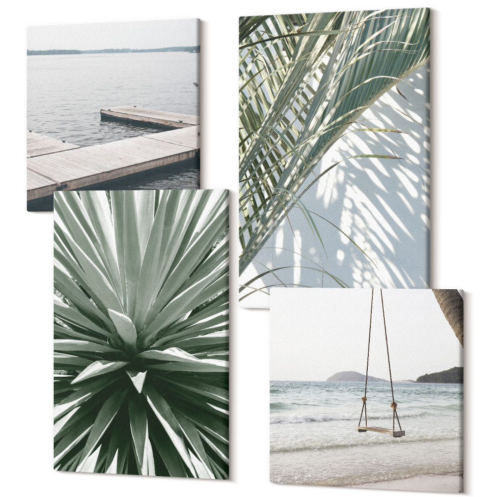 Sada 4 obrazov Hojdačka s palmovými listami a drevený most