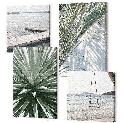 Sada 4 obrazov Hojdačka s palmovými listami a drevený most